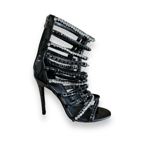 I AM JENNIFER LE Razor High Heel Black Patent Leather Crystal Sandals Size 39 - Picture 4 of 12